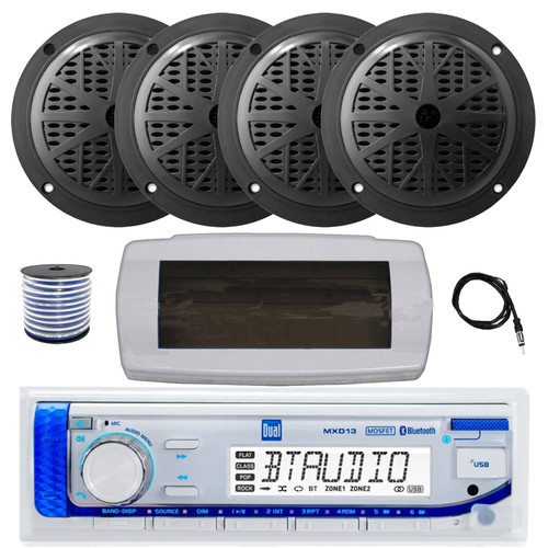 Dual MXD13 Single DIN Bluetooth Marine MP3 AM/FM Stereo Receiver with White Cover, 22" Radio Antenna, Wire, 4x 5.25'' 100 Watt Peak Full Range Dual Cone Waterproof Stereo Speakers (Black)