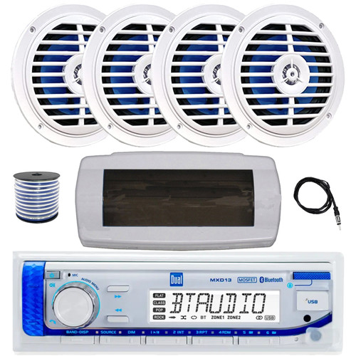 Dual MXD13 Single DIN Bluetooth Marine MP3 AM/FM Stereo Receiver with White Cover, 22" Radio Antenna, Wire, 4x 5.25'' 100 Watt Peak Full Range Dual Cone Waterproof Stereo Speakers (White)