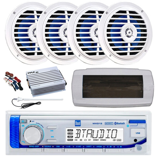 Dual MXD13 Single DIN Bluetooth Marine MP3 AM/FM Stereo Receiver, White Cover, Long Range Antenna, Amplifier w/Kit, 4x 5.25'' 100 Watt Peak Full Range Dual Cone Waterproof Stereo Speakers (White)