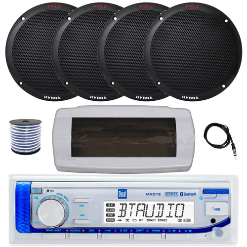 Dual MXD13 Single DIN Bluetooth Marine MP3 AM/FM Stereo Receiver with White Cover, 22" Radio Antenna, Wire, 4x 6.5'' 400W Peak 2-Way Full Range Dual Cone Waterproof Stereo Speakers (Black)