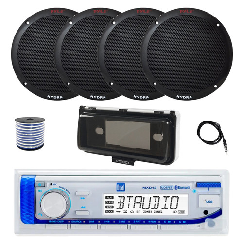 Dual MXD13 Single DIN Bluetooth Marine MP3 AM/FM Stereo Receiver with White Cover, 22" Radio Antenna, Wire, 4x 6.5'' 400W Peak 2-Way Full Range Dual Cone Waterproof Stereo Speakers (Black)