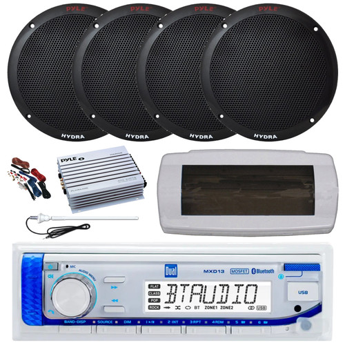 Dual MXD13 Single DIN Bluetooth Marine MP3 AM/FM Stereo Receiver, White Cover, Long Range Antenna, Amplifier w/Kit, 4x 6.5'' 400W Peak 2-Way Full Range Dual Cone Waterproof Speakers (Black)