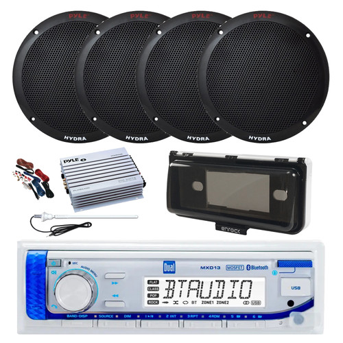 Dual MXD13 Single DIN Bluetooth Marine MP3 AM/FM Stereo Receiver, White Cover, Long Range Antenna, Amplifier w/Kit, 4x 6.5'' 400W Peak 2-Way Full Range Dual Cone Waterproof Speakers (Black)