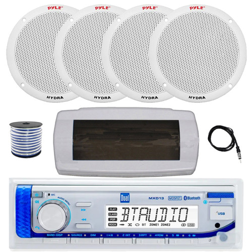Dual MXD13 Single DIN Bluetooth Marine MP3 AM/FM Stereo Receiver with White Cover, 22" Radio Antenna, Wire, 4x 6.5'' 400W Peak 2-Way Full Range Dual Cone Waterproof Stereo Speakers (White)
