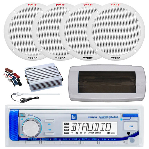 Dual MXD13 Single DIN Bluetooth Marine MP3 AM/FM Stereo Receiver, White Cover, Long Range Antenna, Amplifier w/Kit, 4x 6.5'' 400W Peak 2-Way Full Range Dual Cone Waterproof Speakers (White)