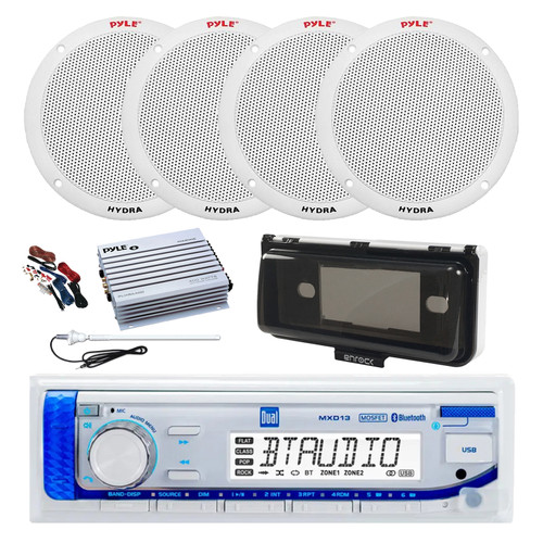 Dual MXD13 Single DIN Bluetooth Marine MP3 AM/FM Stereo Receiver, White Cover, Long Range Antenna, Amplifier w/Kit, 4x 6.5'' 400W Peak 2-Way Full Range Dual Cone Waterproof Speakers (White)