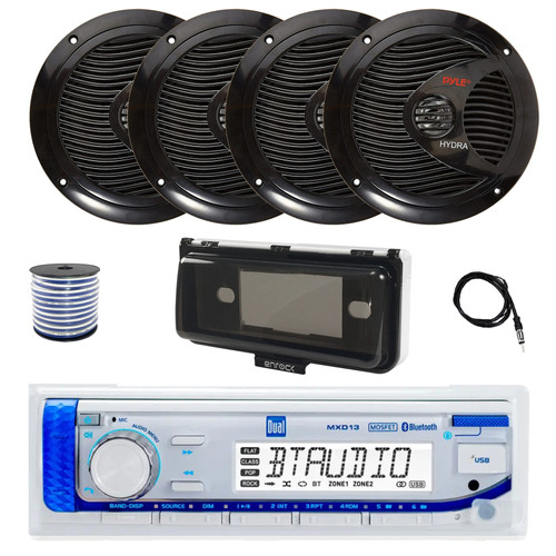 Dual MXD13 Single DIN Bluetooth Marine MP3 AM/FM Stereo Receiver with White Cover, 22" Radio Antenna, Wire, 4x 6.5" 150 Watt Max Full Range Dual Cone Waterproof Stereo Speakers (Black)