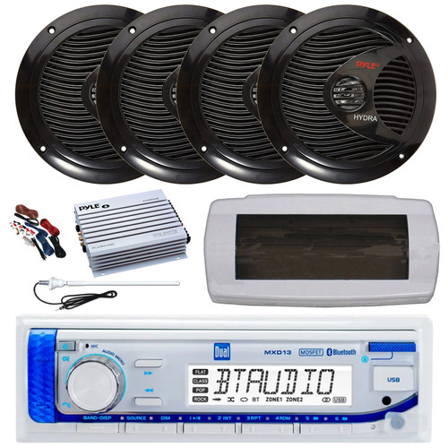 Dual MXD13 Single DIN Bluetooth Marine MP3 AM/FM Stereo Receiver with White Cover, Long Range Antenna, Amplifier w/Kit, 4x 6.5" 150 Watt Max Full Range Dual Cone Waterproof Stereo Speakers (Black)