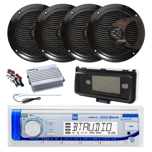 Dual MXD13 Single DIN Bluetooth Marine MP3 AM/FM Stereo Receiver with White Cover, Long Range Antenna, Amplifier w/Kit, 4x 6.5" 150 Watt Max Full Range Dual Cone Waterproof Stereo Speakers (Black)