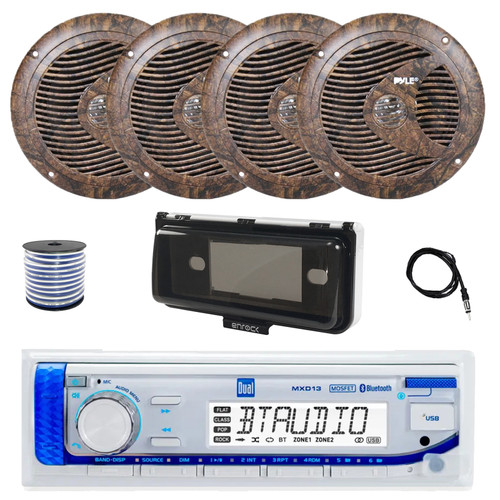 Dual MXD13 Single DIN Bluetooth Marine MP3 AM/FM Stereo Receiver with White Cover, 22" Radio Antenna, Wire, 4x 6.5" 150 Watt Max Full Range Dual Cone Waterproof Stereo Speakers (Camo)