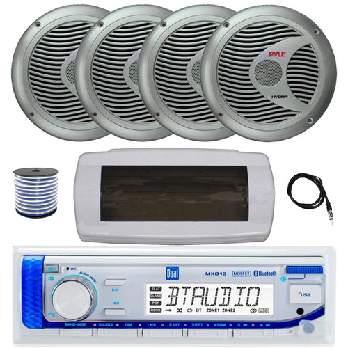 Dual MXD13 Single DIN Bluetooth Marine MP3 AM/FM Stereo Receiver with White Cover, 22" Radio Antenna, Wire, 4x 6.5" 150 Watt Max Full Range Dual Cone Waterproof Stereo Speakers (Silver)