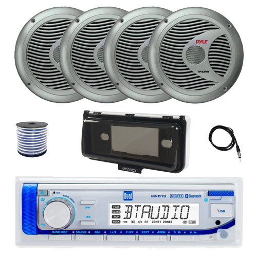Dual MXD13 Single DIN Bluetooth Marine MP3 AM/FM Stereo Receiver with White Cover, 22" Radio Antenna, Wire, 4x 6.5" 150 Watt Max Full Range Dual Cone Waterproof Stereo Speakers (Silver)