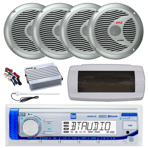 Dual MXD13 Single DIN Bluetooth Marine MP3 AM/FM Stereo Receiver with White Cover, Long Range Antenna, Amplifier w/Kit, 4x 6.5" 150 Watt Max Full Range Dual Cone Waterproof Stereo Speakers (Silver)