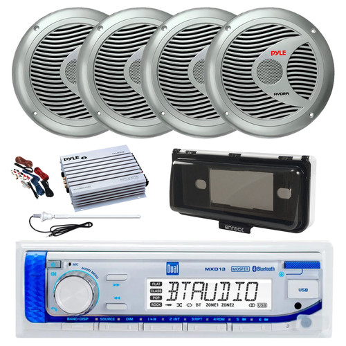 Dual MXD13 Single DIN Bluetooth Marine MP3 AM/FM Stereo Receiver with White Cover, Long Range Antenna, Amplifier w/Kit, 4x 6.5" 150 Watt Max Full Range Dual Cone Waterproof Stereo Speakers (Silver)