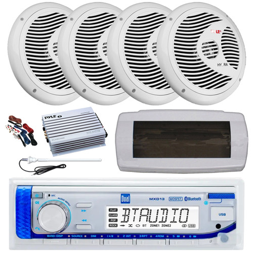 Dual MXD13 Single DIN Bluetooth Marine MP3 AM/FM Stereo Receiver with White Cover, Long Range Antenna, Amplifier w/Kit, 4x 6.5" 150 Watt Max Full Range Dual Cone Waterproof Stereo Speakers (White)