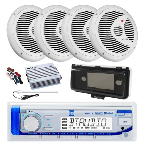 Dual MXD13 Single DIN Bluetooth Marine MP3 AM/FM Stereo Receiver with White Cover, Long Range Antenna, Amplifier w/Kit, 4x 6.5" 150 Watt Max Full Range Dual Cone Waterproof Stereo Speakers (White)