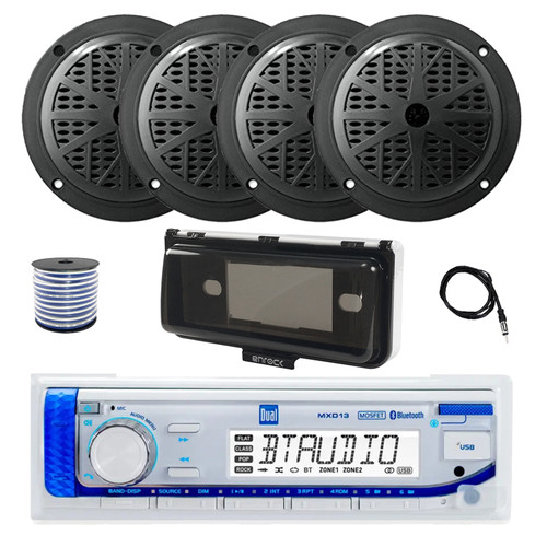 Dual MXD13 Single DIN Bluetooth Marine MP3 AM/FM Stereo Receiver with White Cover, 22" Radio Antenna, Wire, 4x 6.5" 120 Watt Max Full Range Dual Cone Waterproof Stereo Speakers (Black)