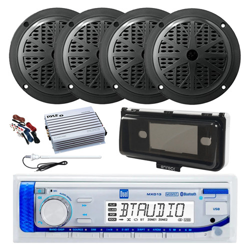 Dual MXD13 Single DIN Bluetooth Marine MP3 AM/FM Stereo Receiver with White Cover, Long Range Antenna, Amplifier w/Kit, 4x 6.5" 120 Watt Max Full Range Dual Cone Waterproof Stereo Speakers (Black)