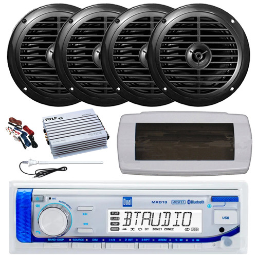 Dual MXD13 Single DIN Bluetooth Marine MP3 AM/FM Stereo Receiver with White Cover, Long Range Antenna, Amplifier w/Kit, 4x 6.5" 120 Watt Peak Full Range Dual Cone Waterproof Stereo Speakers (Black)