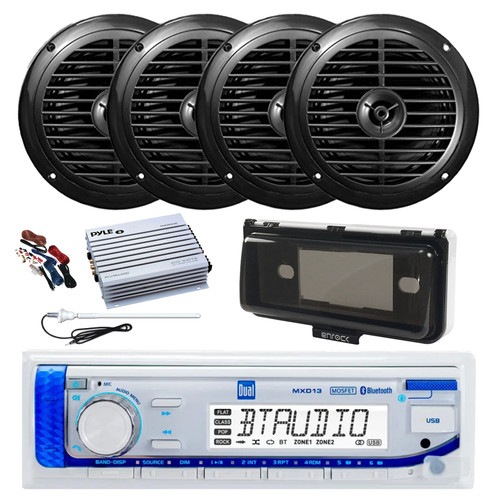 Dual MXD13 Single DIN Bluetooth Marine MP3 AM/FM Stereo Receiver with White Cover, Long Range Antenna, Amplifier w/Kit, 4x 6.5" 120 Watt Peak Full Range Dual Cone Waterproof Stereo Speakers (Black)