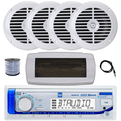 Dual MXD13 Single DIN Bluetooth Marine MP3 AM/FM Stereo Receiver with White Cover, 22" Radio Antenna, Wire, 4x 6.5" 120 Watt Peak Full Range Dual Cone Waterproof Stereo Speakers (White)