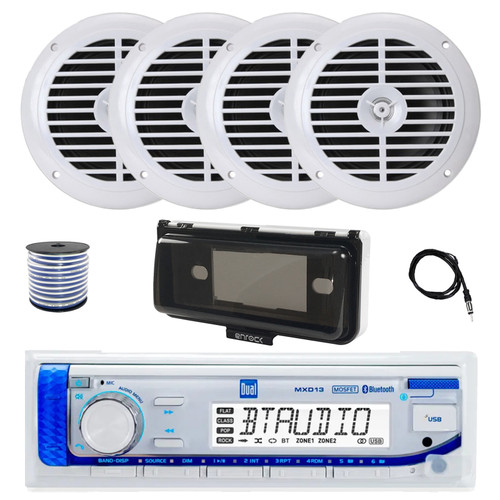 Dual MXD13 Single DIN Bluetooth Marine MP3 AM/FM Stereo Receiver with White Cover, 22" Radio Antenna, Wire, 4x 6.5" 120 Watt Peak Full Range Dual Cone Waterproof Stereo Speakers (White)