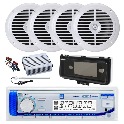Dual MXD13 Single DIN Bluetooth Marine MP3 AM/FM Stereo Receiver with White Cover, Long Range Antenna, Amplifier w/Kit, 4x 6.5" 120 Watt Peak Full Range Dual Cone Waterproof Stereo Speakers (White)