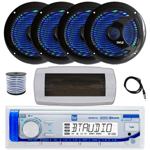 Dual MXD13 Single DIN Bluetooth Marine MP3 AM/FM Stereo Receiver with White Cover, 22" Radio Antenna, Wire, 4x 6.5'' 150 Watt Max Dual Cone Multicolor LED Audio Speakers (Black) w/Remote