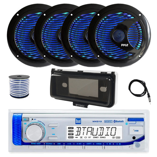 Dual MXD13 Single DIN Bluetooth Marine MP3 AM/FM Stereo Receiver with White Cover, 22" Radio Antenna, Wire, 4x 6.5'' 150 Watt Max Dual Cone Multicolor LED Audio Speakers (Black) w/Remote