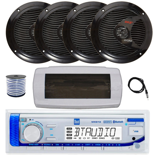 Dual MXD13 Single DIN Bluetooth Marine MP3 AM/FM Stereo Receiver with White Cover, 22" Radio Antenna, Wire, 4x 8'' 180 Watt Max Full Range Dual Cone Waterproof Stereo Speakers (Black)