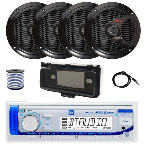 Dual MXD13 Single DIN Bluetooth Marine MP3 AM/FM Stereo Receiver with White Cover, 22" Radio Antenna, Wire, 4x 8'' 180 Watt Max Full Range Dual Cone Waterproof Stereo Speakers (Black)