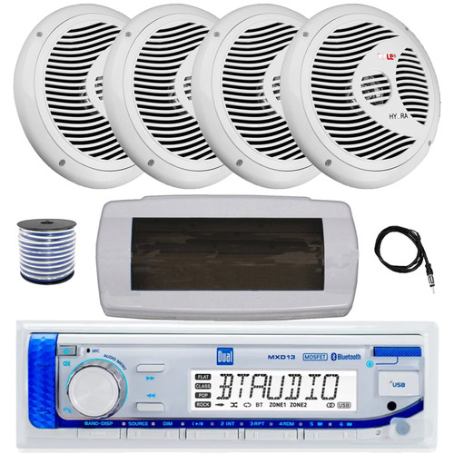 Dual MXD13 Single DIN Bluetooth Marine MP3 AM/FM Stereo Receiver with White Cover, 22" Radio Antenna, Wire, 4x 8'' 180 Watt Max Full Range Dual Cone Waterproof Stereo Speakers (White)