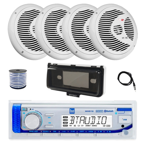 Dual MXD13 Single DIN Bluetooth Marine MP3 AM/FM Stereo Receiver with White Cover, 22" Radio Antenna, Wire, 4x 8'' 180 Watt Max Full Range Dual Cone Waterproof Stereo Speakers (White)