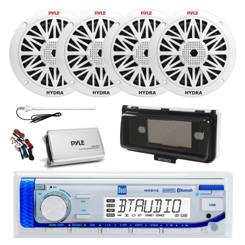 Dual MXD13 Single DIN Bluetooth Marine MP3 AM/FM Stereo Receiver with White Cover, Long Range Antenna, Amplifier w/Kit, 4x 8'' 300W Max Full Range Dual Cone Waterproof Stereo Speakers (White)