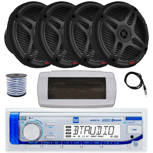 Dual MXD13 Single DIN Bluetooth Marine MP3 AM/FM Stereo Receiver with White Cover, 22" Radio Antenna, Wire, 4x 6.5" 600 Watt Max 2-Way Full Range Waterproof Wireless RF Streaming Speakers (Black)