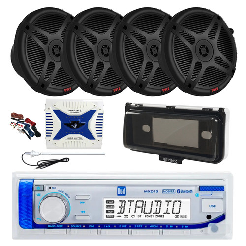 Dual MXD13 Single DIN Bluetooth Marine MP3 AM/FM Stereo Receiver, White Cover, Long Range Antenna, Amplifier w/Kit, 4x 6.5" 600 Watt Max 2-Way Waterproof Wireless RF Streaming Speakers (Black)