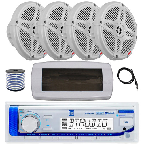 Dual MXD13 Single DIN Bluetooth Marine MP3 AM/FM Stereo Receiver with White Cover, 22" Radio Antenna, Wire, 4x 6.5" 600 Watt Max 2-Way Full Range Waterproof Wireless RF Streaming Speakers (White)