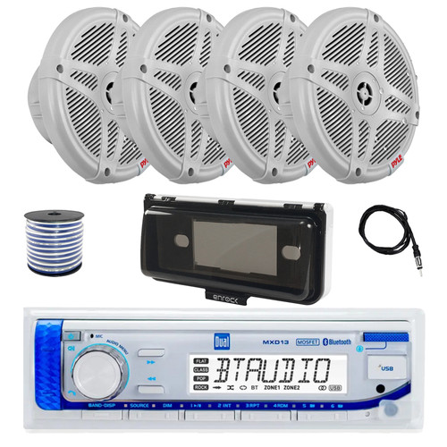 Dual MXD13 Single DIN Bluetooth Marine MP3 AM/FM Stereo Receiver with White Cover, 22" Radio Antenna, Wire, 4x 6.5" 600 Watt Max 2-Way Full Range Waterproof Wireless RF Streaming Speakers (White)