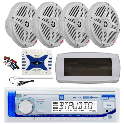 Dual MXD13 Single DIN Bluetooth Marine MP3 AM/FM Stereo Receiver, White Cover, Long Range Antenna, Amplifier w/Kit, 4x 6.5" 600 Watt Max 2-Way Waterproof Wireless RF Streaming Speakers (White)
