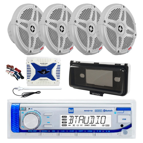 Dual MXD13 Single DIN Bluetooth Marine MP3 AM/FM Stereo Receiver, White Cover, Long Range Antenna, Amplifier w/Kit, 4x 6.5" 600 Watt Max 2-Way Waterproof Wireless RF Streaming Speakers (White)