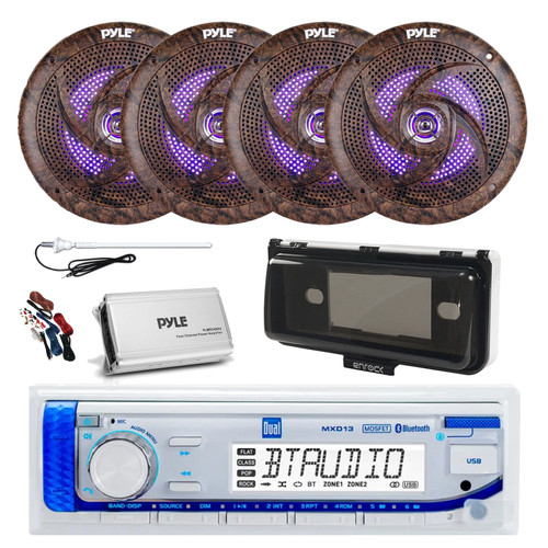 Dual MXD13 Single DIN Bluetooth Marine MP3 AM/FM Stereo Receiver, White Cover, Long Range Antenna, Amplifier w/Kit, 4x 6.5'' 240 Watt  Waterproof Multicolor LED Stereo Speakers (Camo)