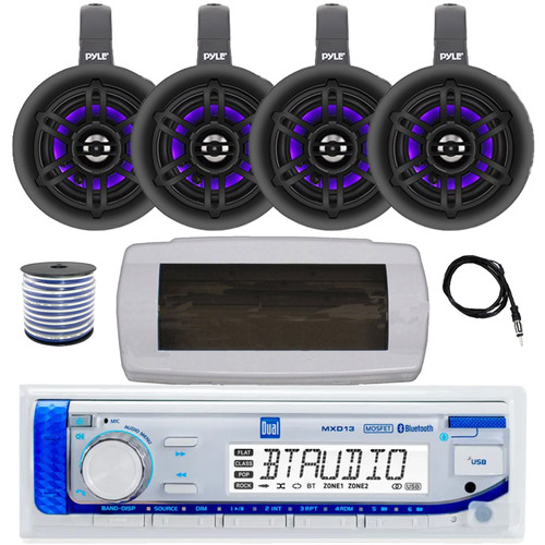Dual MXD13 Single DIN Bluetooth Marine MP3 AM/FM Stereo Receiver with White Cover, 22" Radio Antenna, Wire, 4x 4" 300W Max Bluetooth Waterproof Wakeboard LED Tower Speakers (Black)