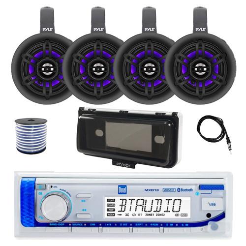 Dual MXD13 Single DIN Bluetooth Marine MP3 AM/FM Stereo Receiver with White Cover, 22" Radio Antenna, Wire, 4x 4" 300W Max Bluetooth Waterproof Wakeboard LED Tower Speakers (Black)