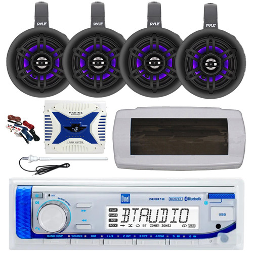 Dual MXD13 Single DIN Bluetooth Marine MP3 AM/FM Stereo Receiver with White Cover, Long Range Antenna, Amplifier w/Kit, 4x 4" 300W Max Bluetooth Waterproof Wakeboard LED Tower Speakers (Black)