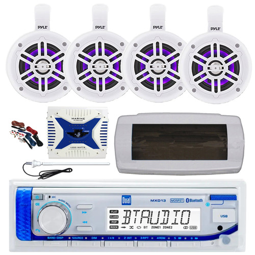 Dual MXD13 Single DIN Bluetooth Marine MP3 AM/FM Stereo Receiver with White Cover, Long Range Antenna, Amplifier w/Kit, 4x 4" 300W Max Bluetooth Waterproof Wakeboard LED Tower Speakers (White)