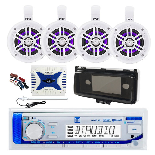 Dual MXD13 Single DIN Bluetooth Marine MP3 AM/FM Stereo Receiver with White Cover, Long Range Antenna, Amplifier w/Kit, 4x 4" 300W Max Bluetooth Waterproof Wakeboard LED Tower Speakers (White)