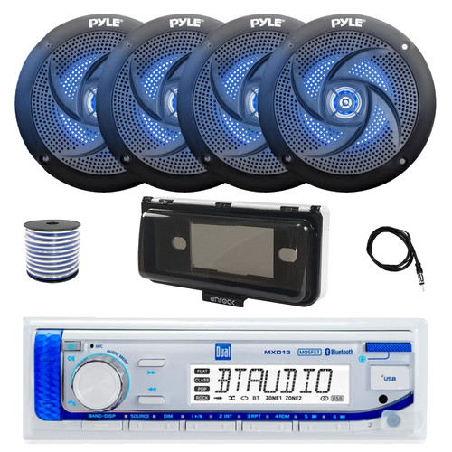Dual MXD13 Single DIN Bluetooth Marine MP3 AM/FM Stereo Receiver with White Cover, 22" Radio Antenna, Wire, 4x 4" 100 Watt Max 2-Way  Blue Flashing LED Boat Audio Speakers (Black)