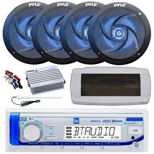 Dual MXD13 Single DIN Bluetooth Marine MP3 AM/FM Stereo Receiver, White Cover, Long Range Antenna, Amplifier w/Kit, 4x 4" 100 Watt 2-Way  Blue Flashing LED Boat Audio Speakers (Black)