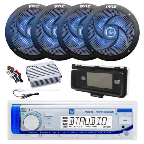Dual MXD13 Single DIN Bluetooth Marine MP3 AM/FM Stereo Receiver, White Cover, Long Range Antenna, Amplifier w/Kit, 4x 4" 100 Watt 2-Way  Blue Flashing LED Boat Audio Speakers (Black)