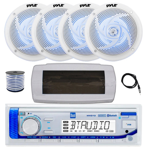 Dual MXD13 Single DIN Bluetooth Marine MP3 AM/FM Stereo Receiver with White Cover, 22" Radio Antenna, Wire, 4x 4" 100 Watt Max 2-Way  Blue Flashing LED Boat Audio Speakers (White)
